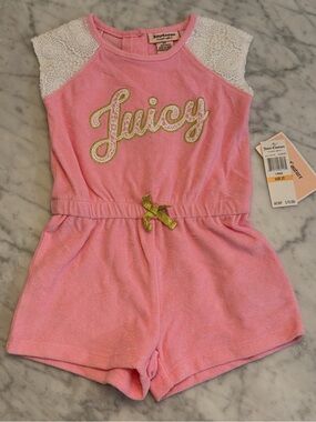 Juicy Couture Pink Terry Lace-Shoulder Romper with Gold Accents